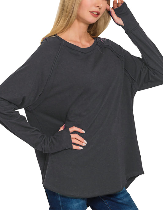 Zenana Cotton Raglan Thumbhole Top Black