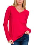 Zenana V-Neck LS Cotton Tee Red