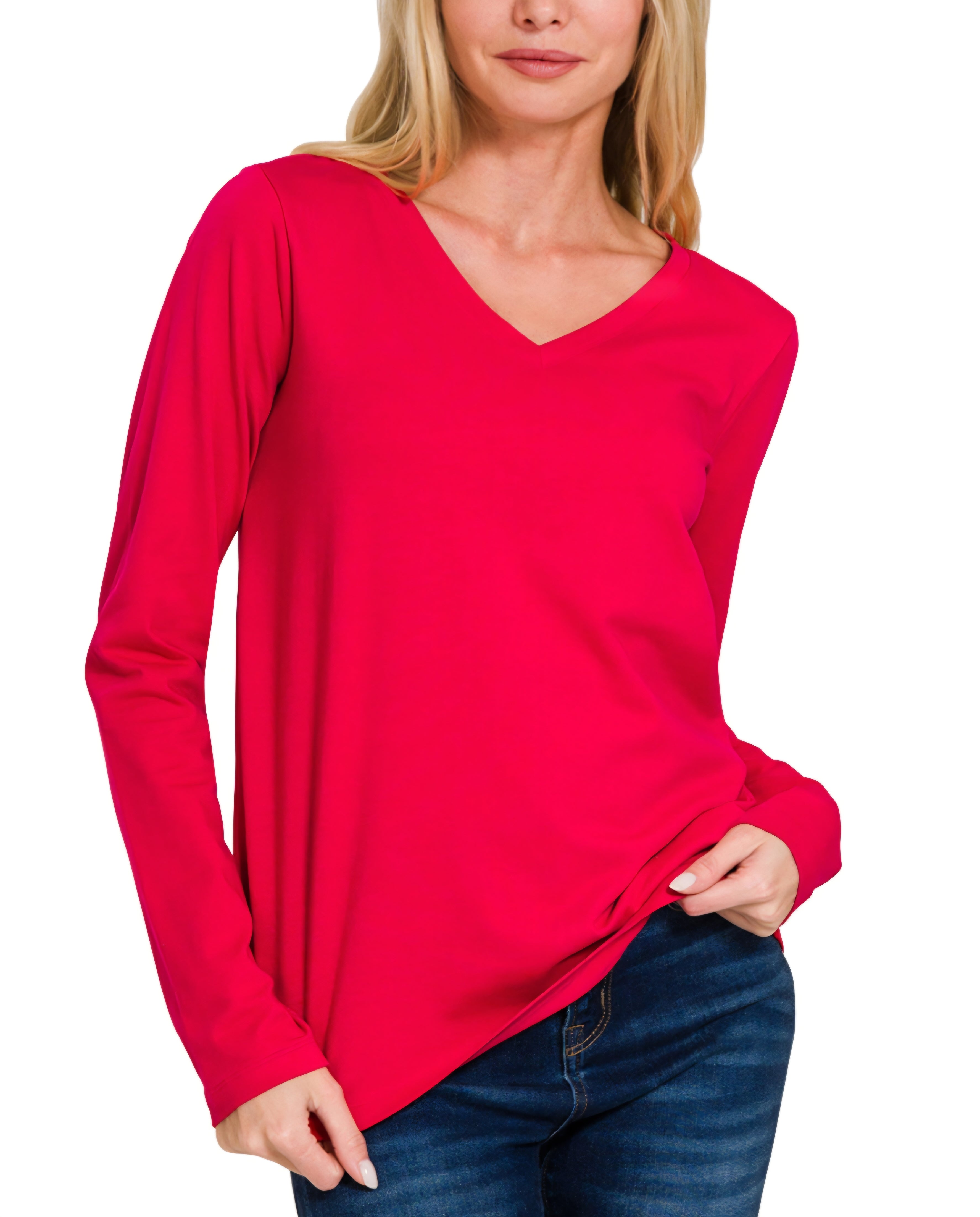 Zenana V-Neck LS Cotton Tee Red