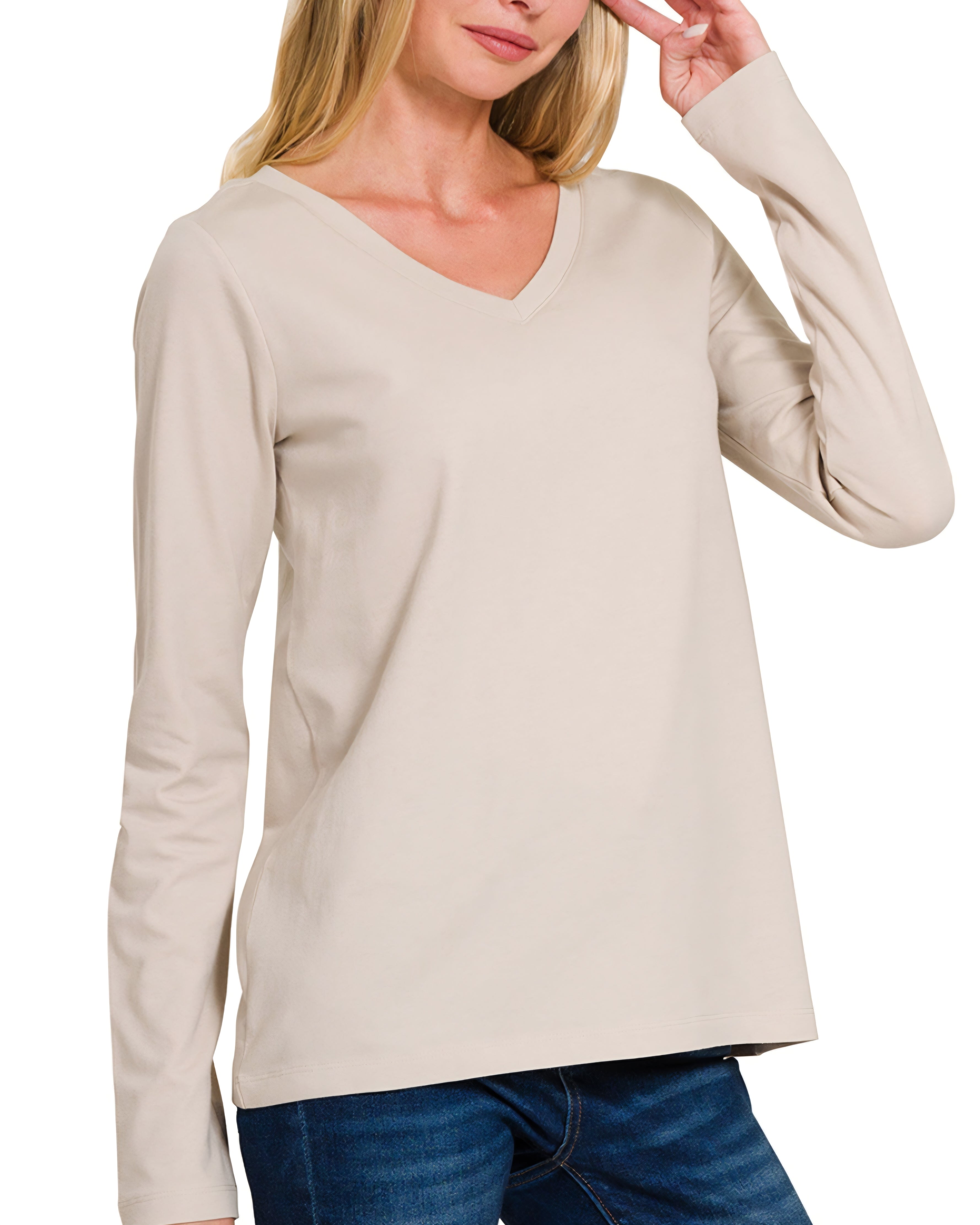 Zenana V-Neck LS Cotton Tee Beige