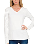 Zenana V-Neck LS Cotton Tee White