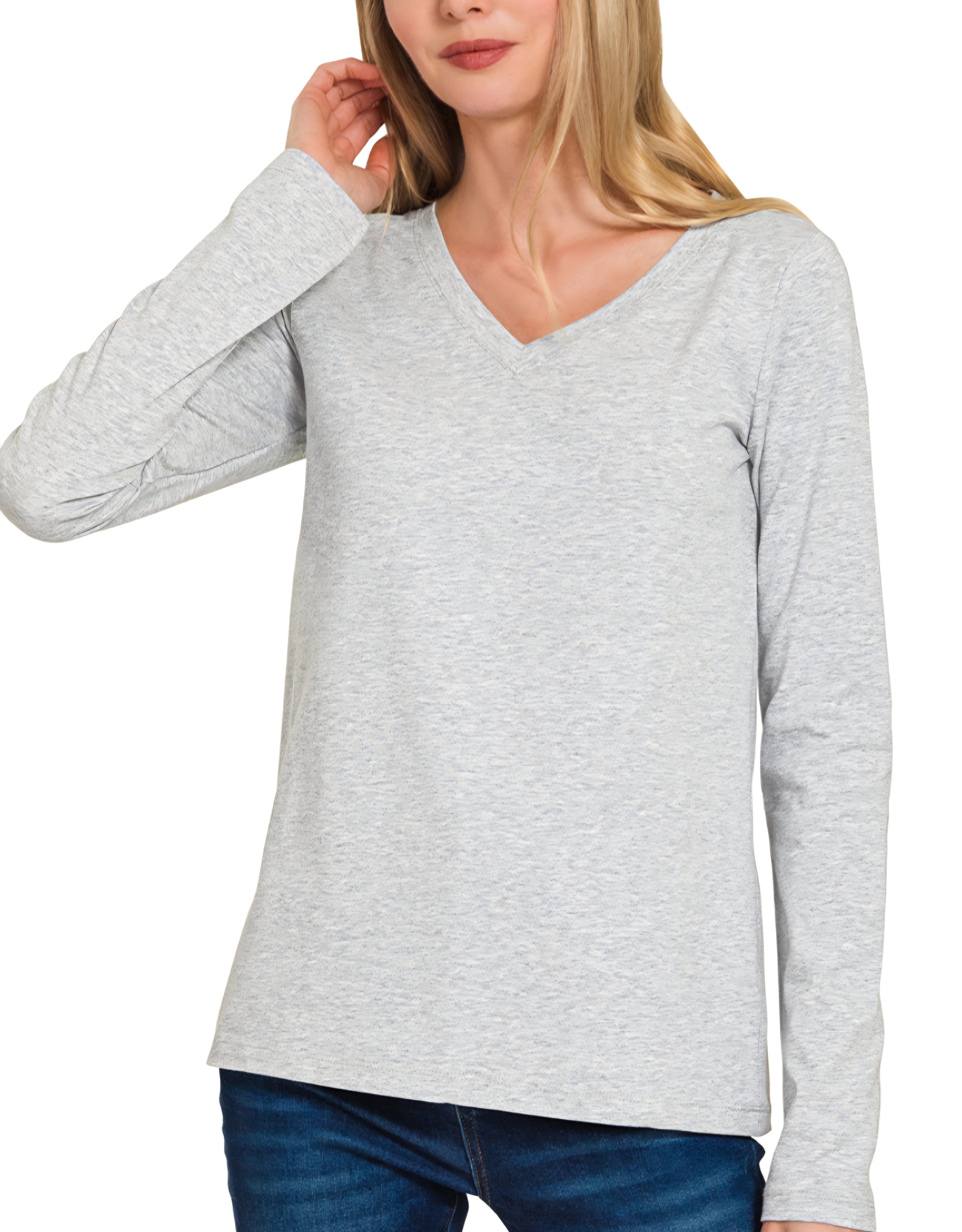 Zenana V-Neck LS Cotton Tee Heather Grey