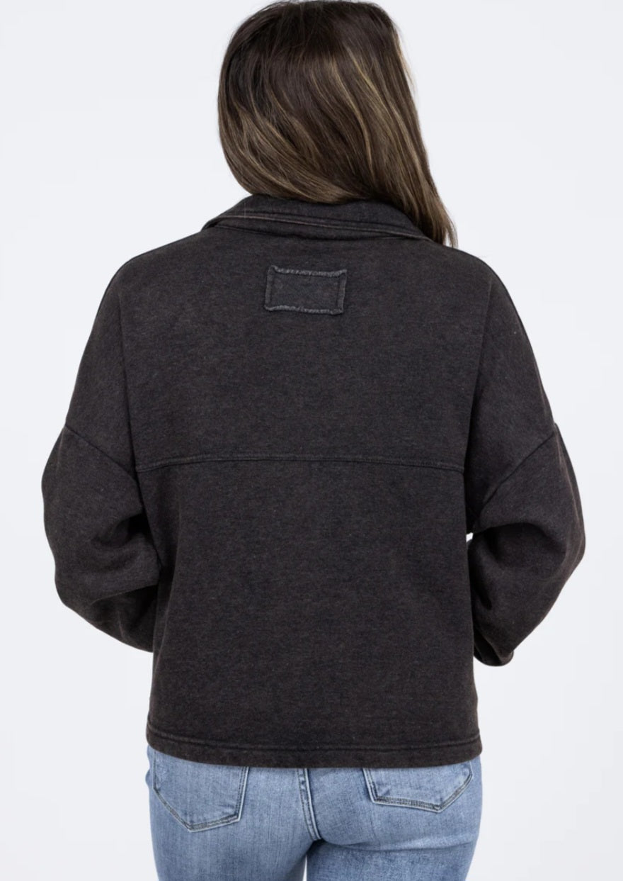 Acid Washed Fleece Button Cardigan Black