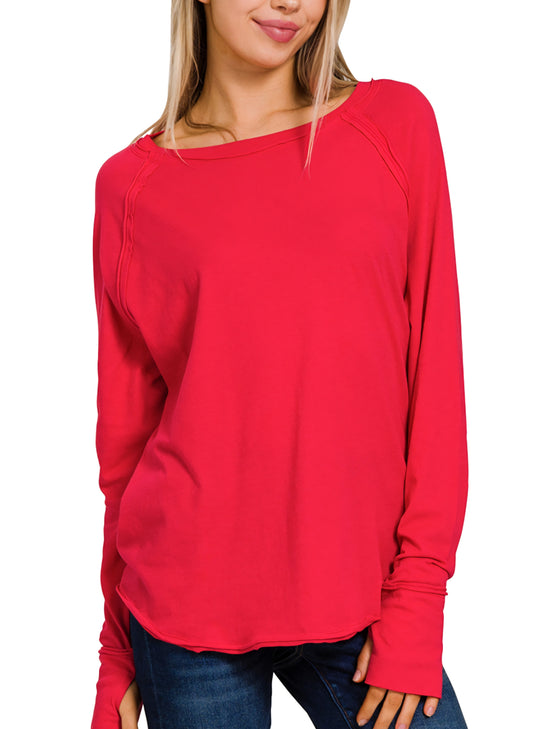 Zenana Cotton Raglan Thumbhole Top Red
