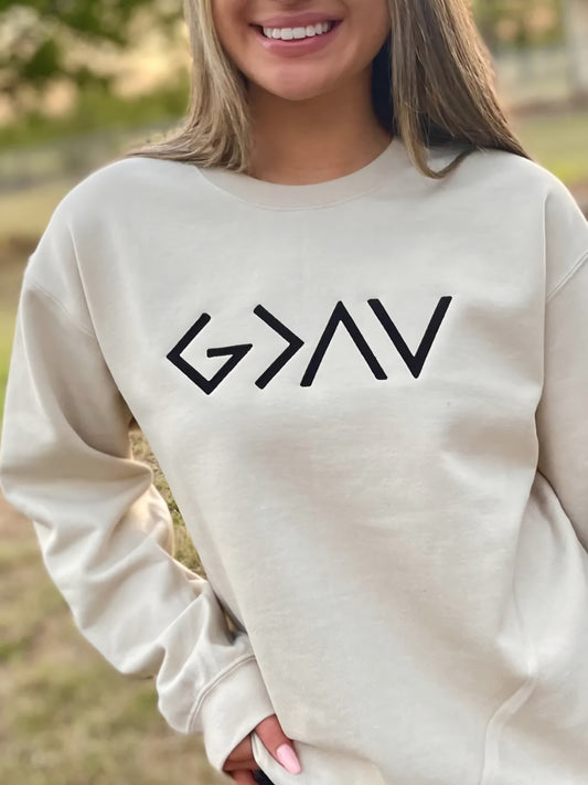 Embroidered God Is Greater Sweatshirt Tan *PREORDER*