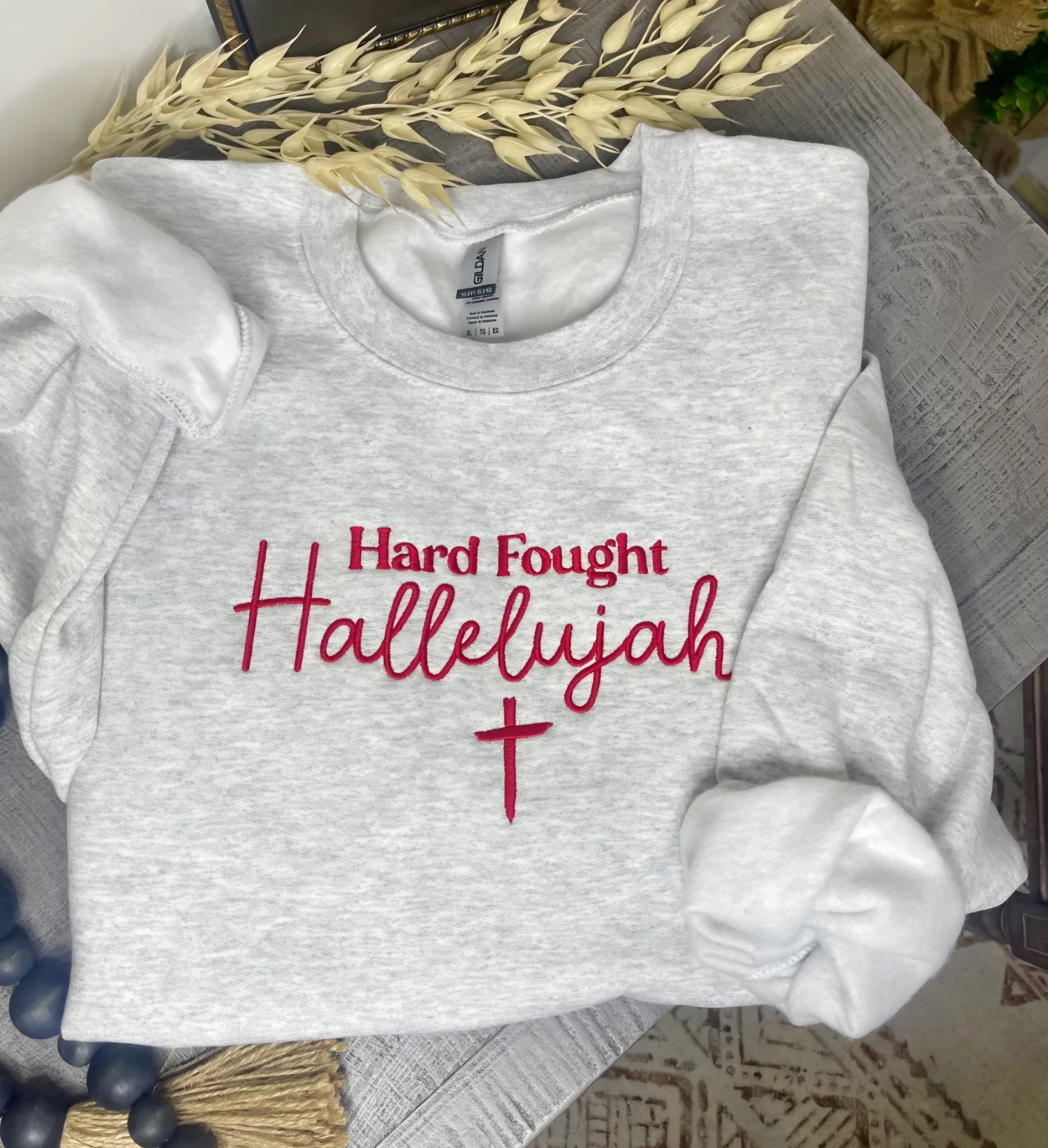 Embroidered Hard Fought Hallelujah Sweatshirt Ash Grey