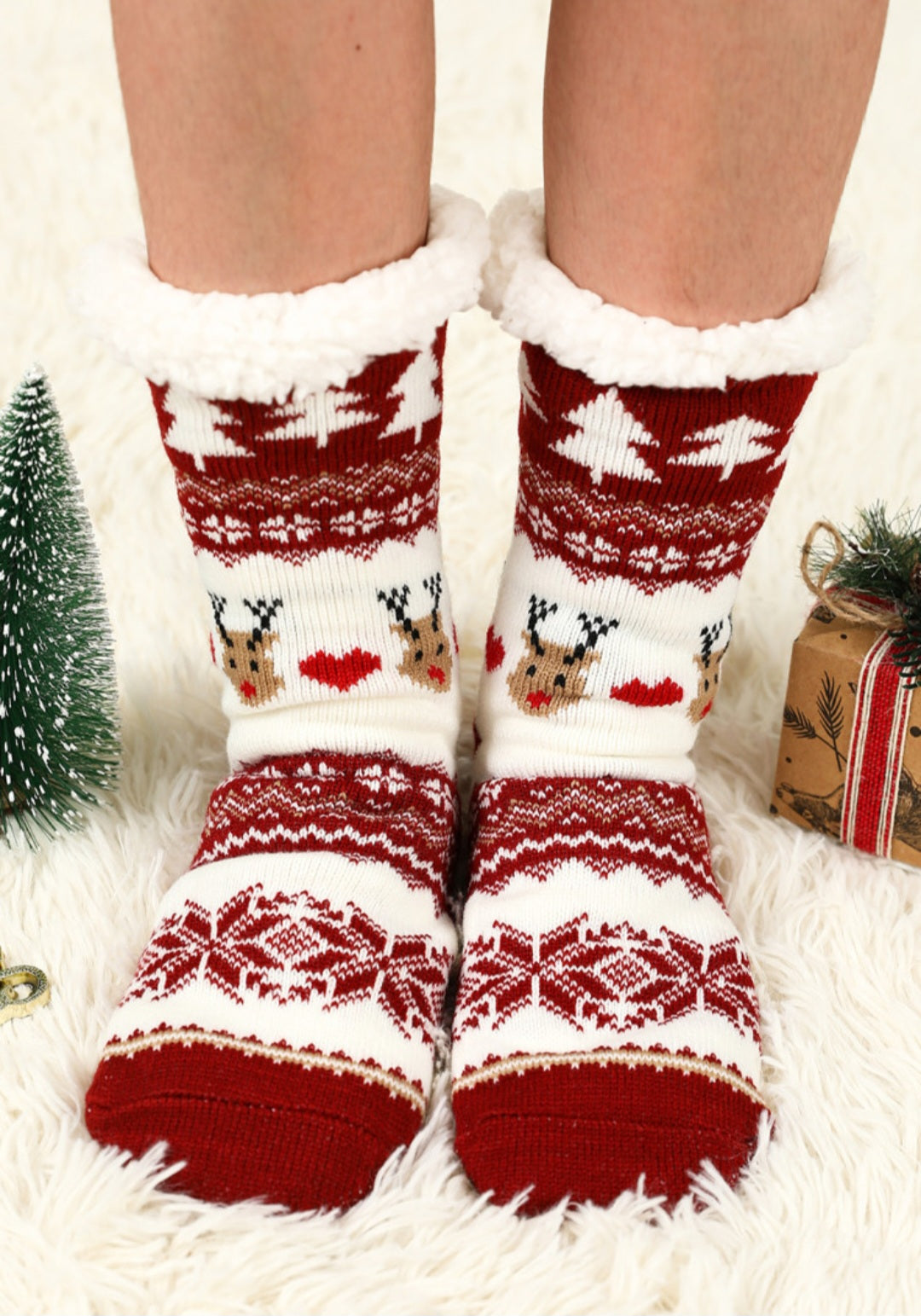 Sherpa Lined Christmas Socks Red