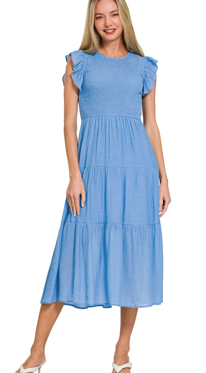 Zenana Smocked Flutter Sleeve Dress Cornflower Blue