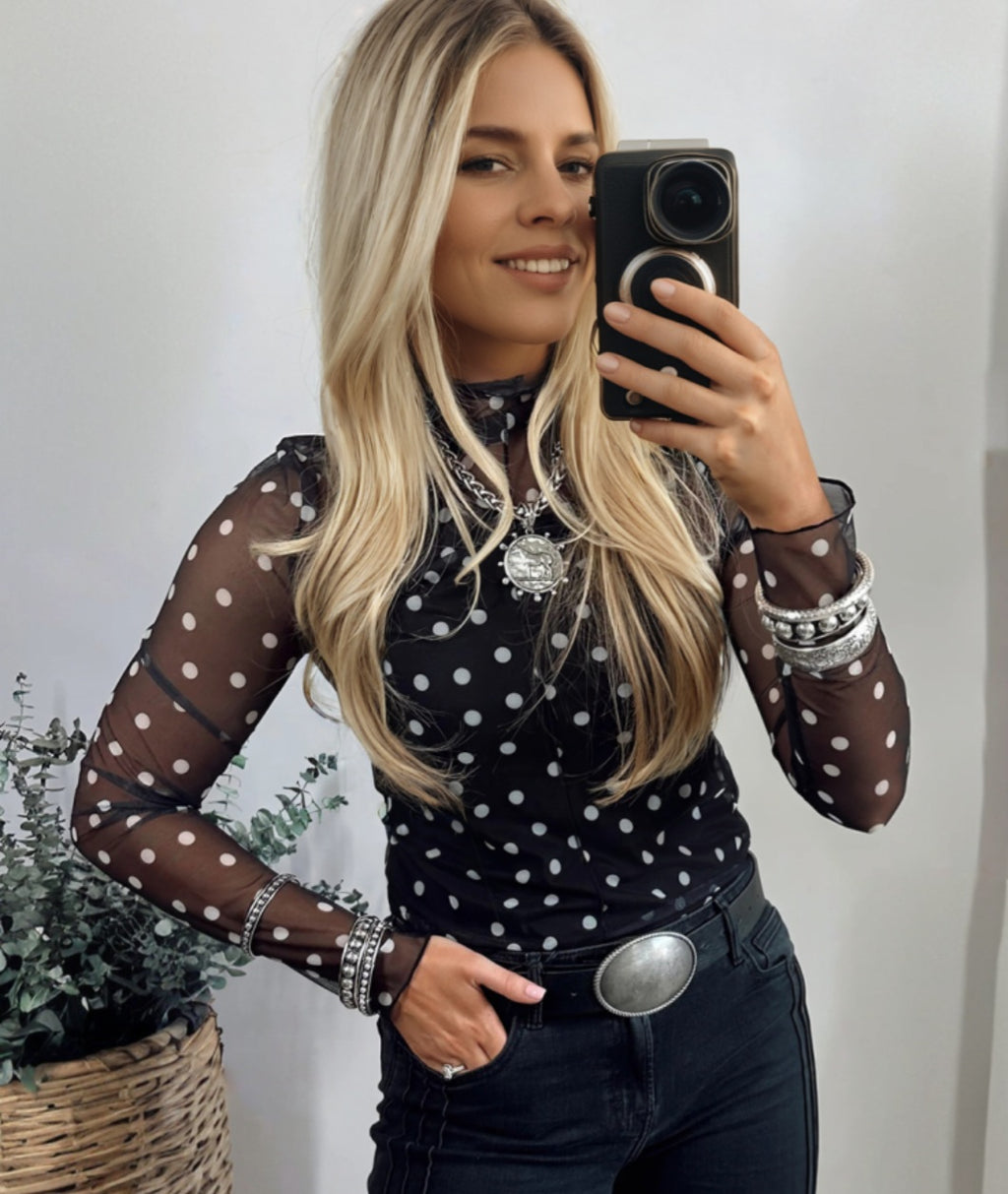 Polka Dot Mesh Top Black
