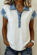 Grey and Chambray Color Blocked Collared Top