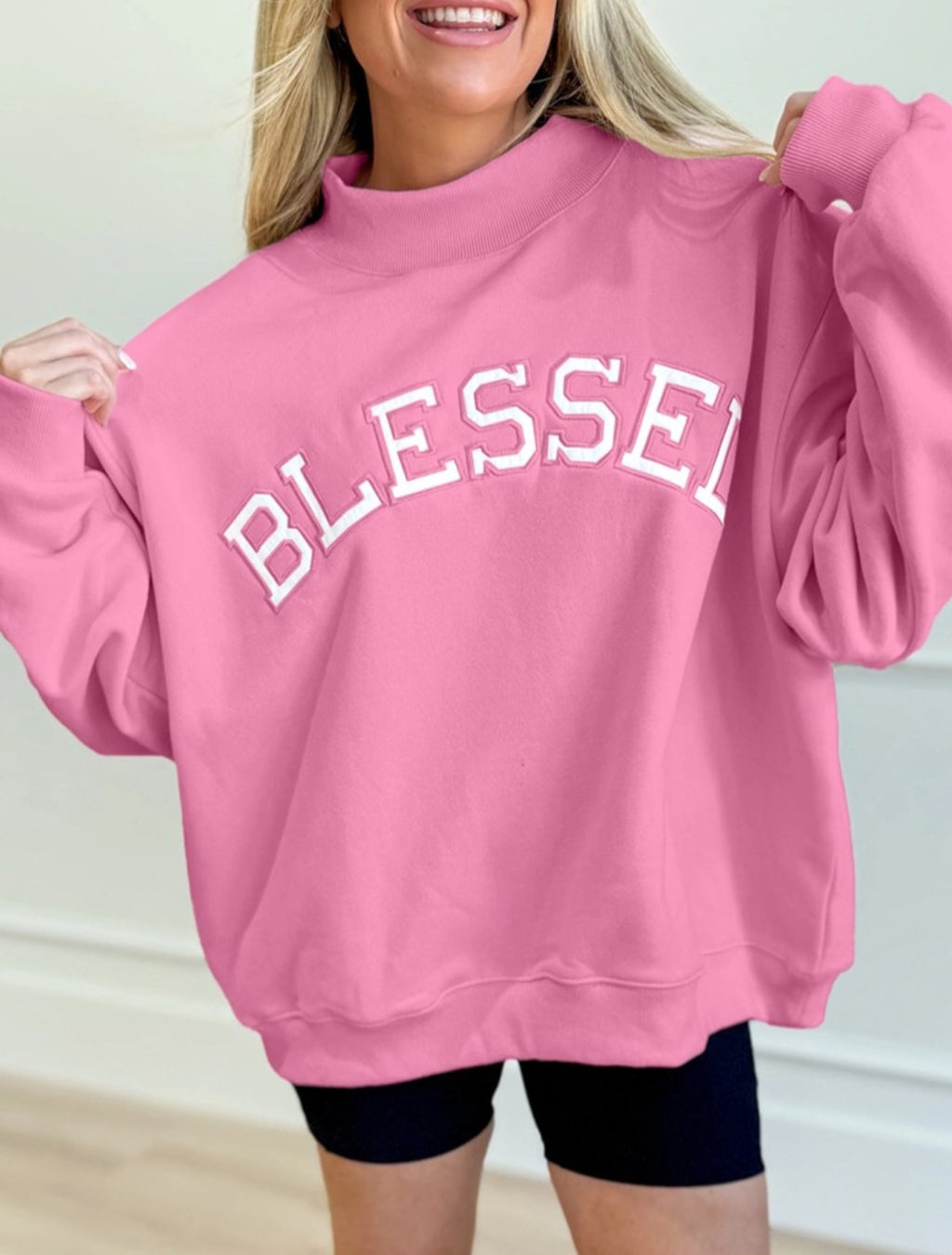 Oversized Mock Neck Blessed Embroidered Fleece Pullover