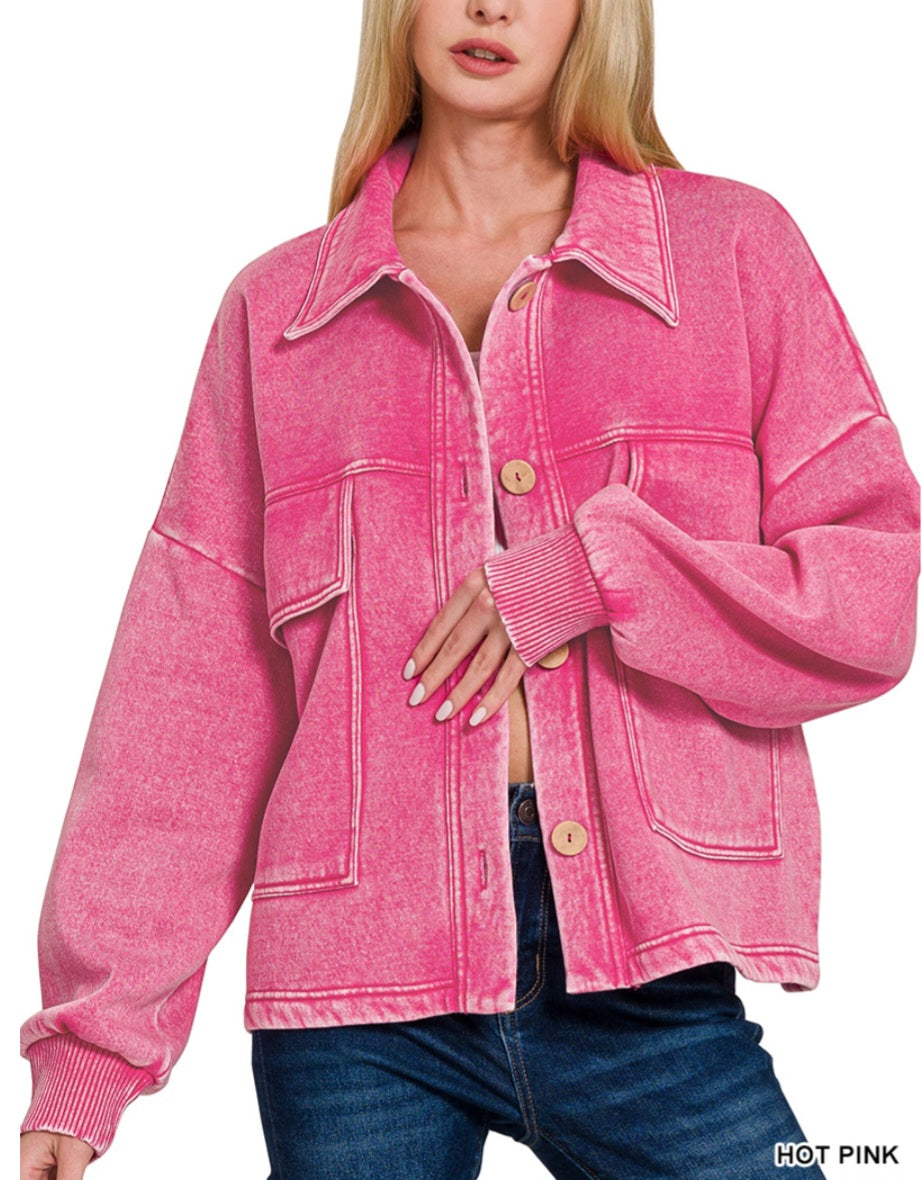 Acid Washed Fleece Button Jacket *Spring Colors*