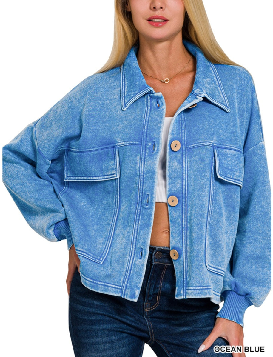 Acid Washed Fleece Button Jacket *Spring Colors*