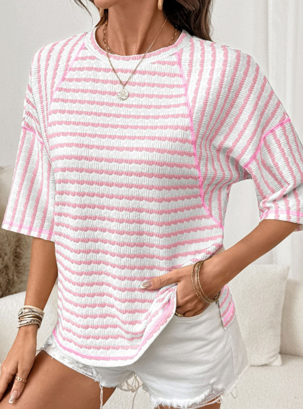 Spring Stripe Textured Dolman Sleeve Top Pink