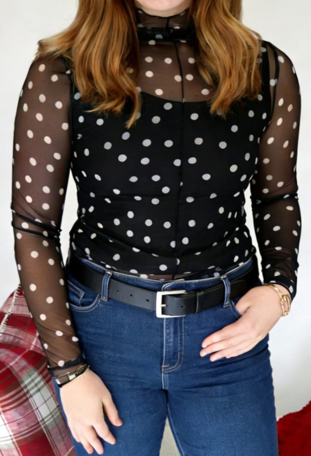 Polka Dot Mesh Top Black