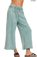 Zenana Acid Washed French Terry Plazzo Pant Ash Blue