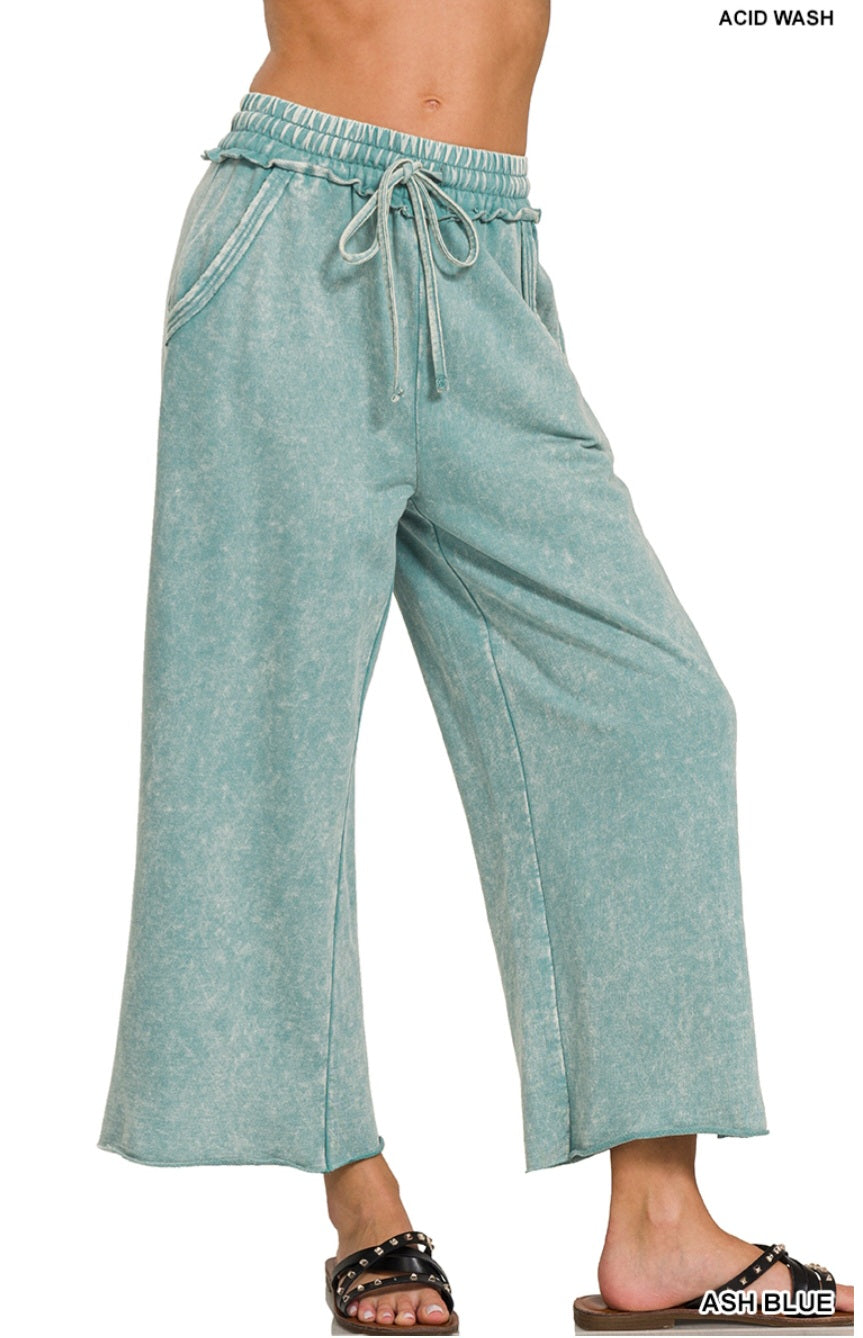 Zenana Acid Washed French Terry Plazzo Pant Ash Blue
