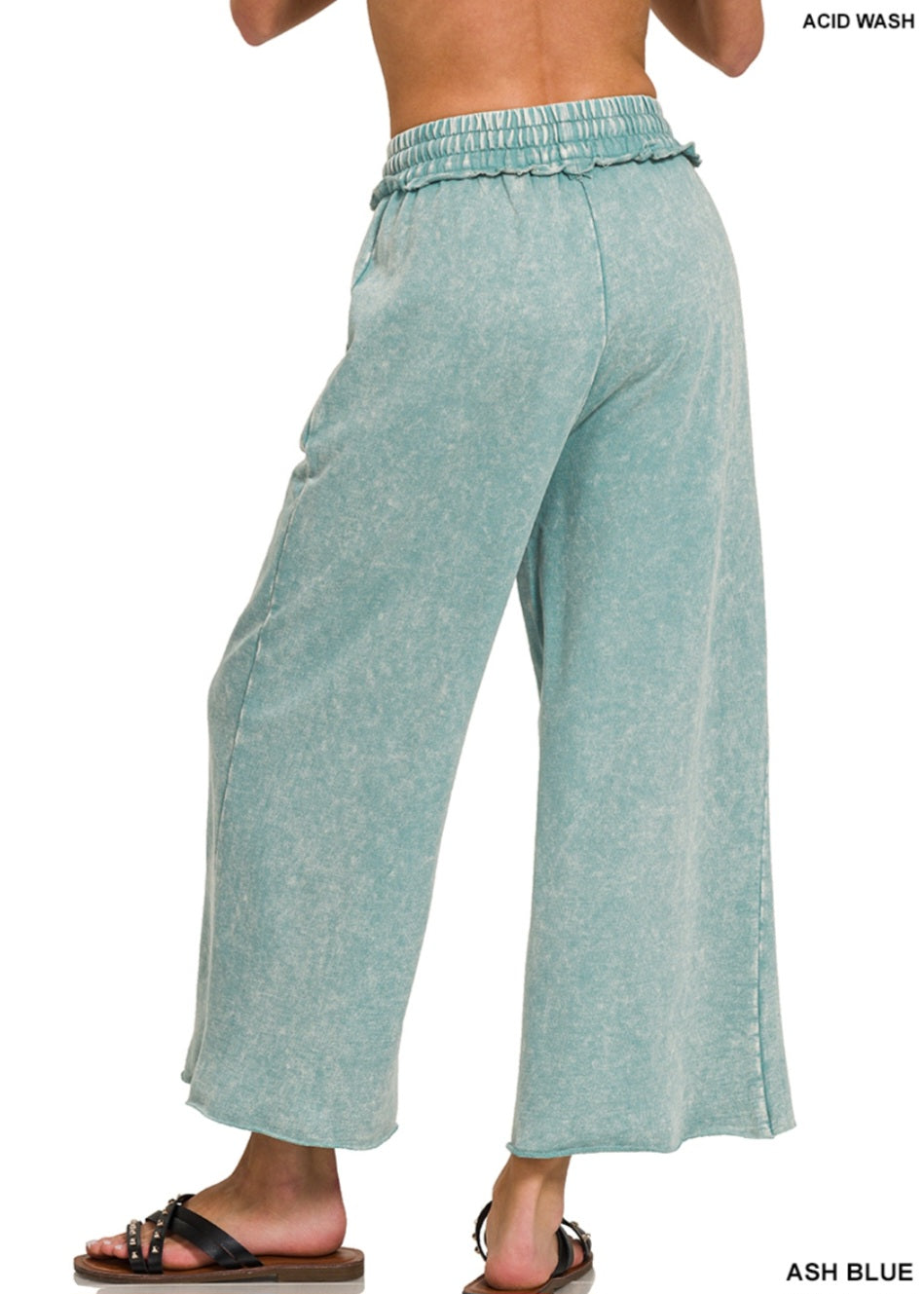 Zenana Acid Washed French Terry Plazzo Pant Ash Blue