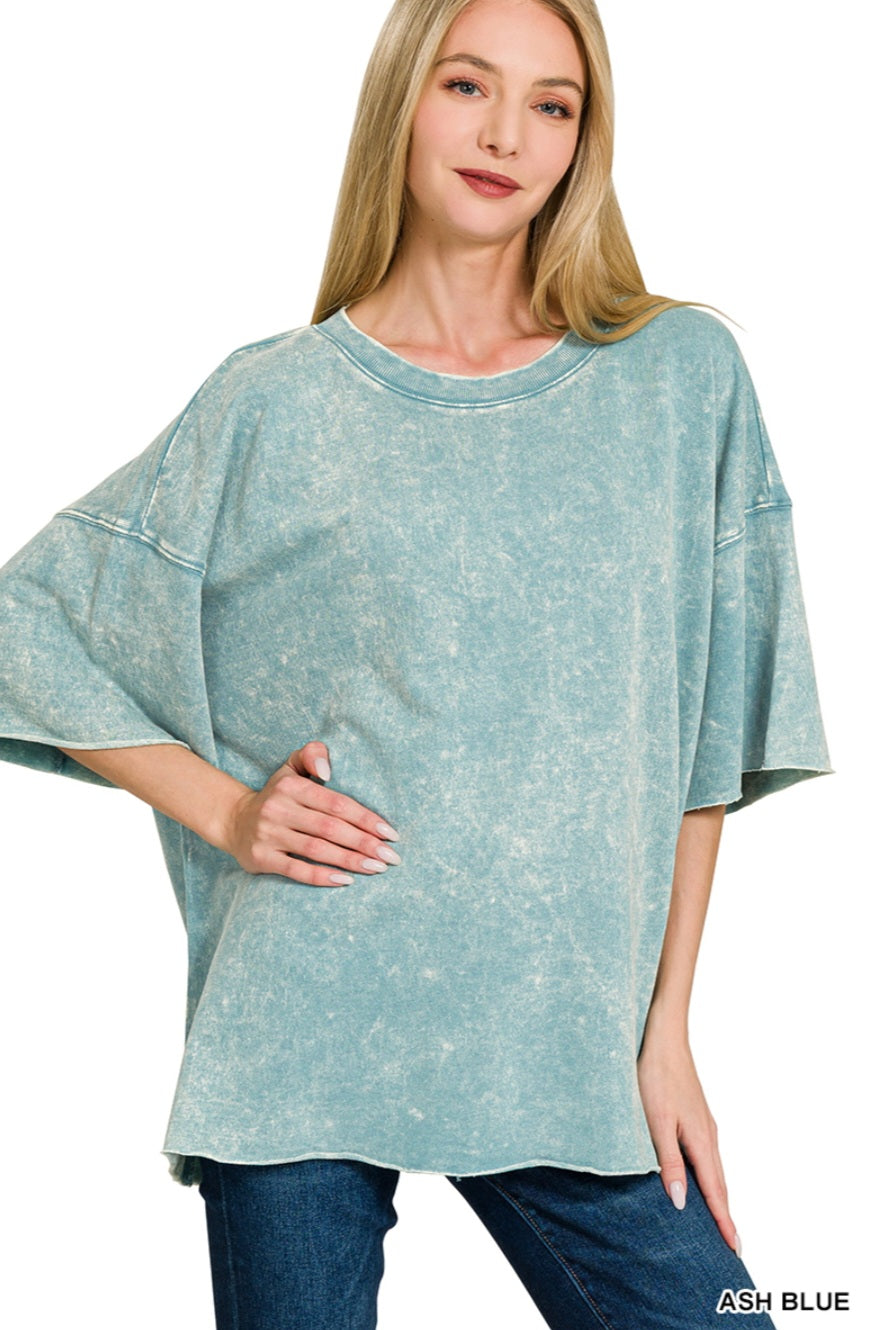 Zenana Acid Washed French Terry Oversized Top Ash Blue