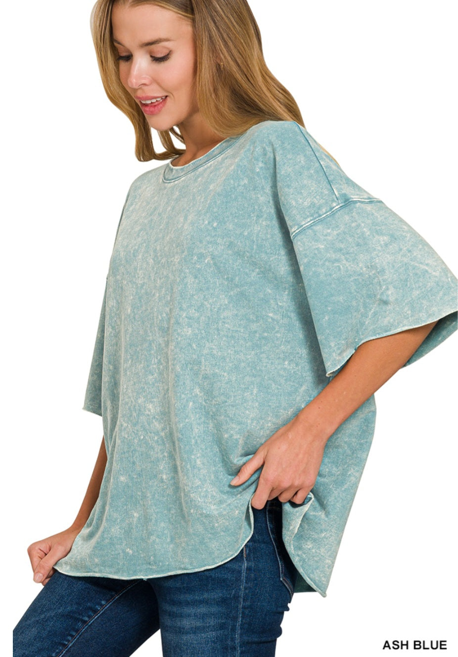 Zenana Acid Washed French Terry Oversized Top Ash Blue