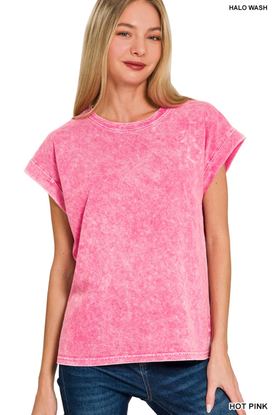 Zenana Halo Wash Spring Tee Hot Pink