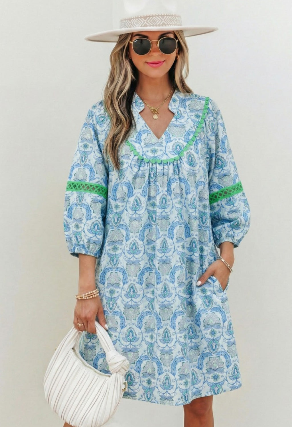 Blue Paisley Notched Neck Dress