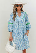 Blue Paisley Notched Neck Dress