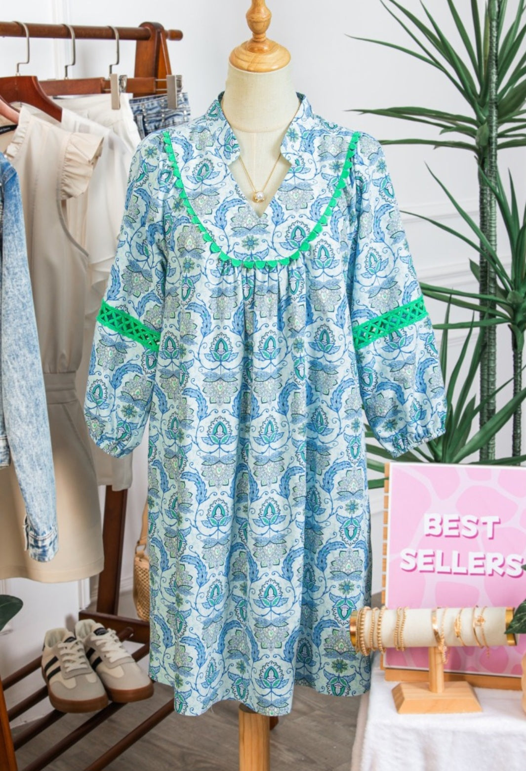 Blue Paisley Notched Neck Dress