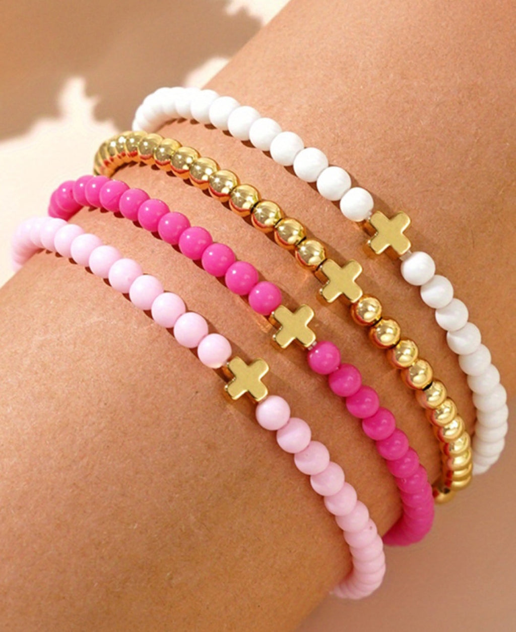 Gold Cross Beaded Bracelet Stack