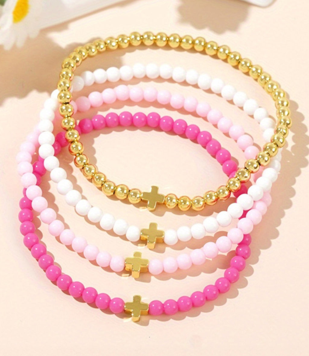 Gold Cross Beaded Bracelet Stack