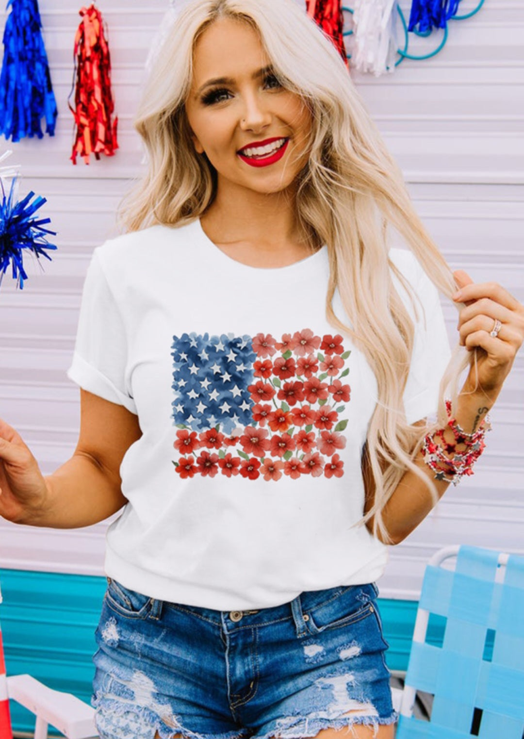 Triblend Floral Flag Print Tee