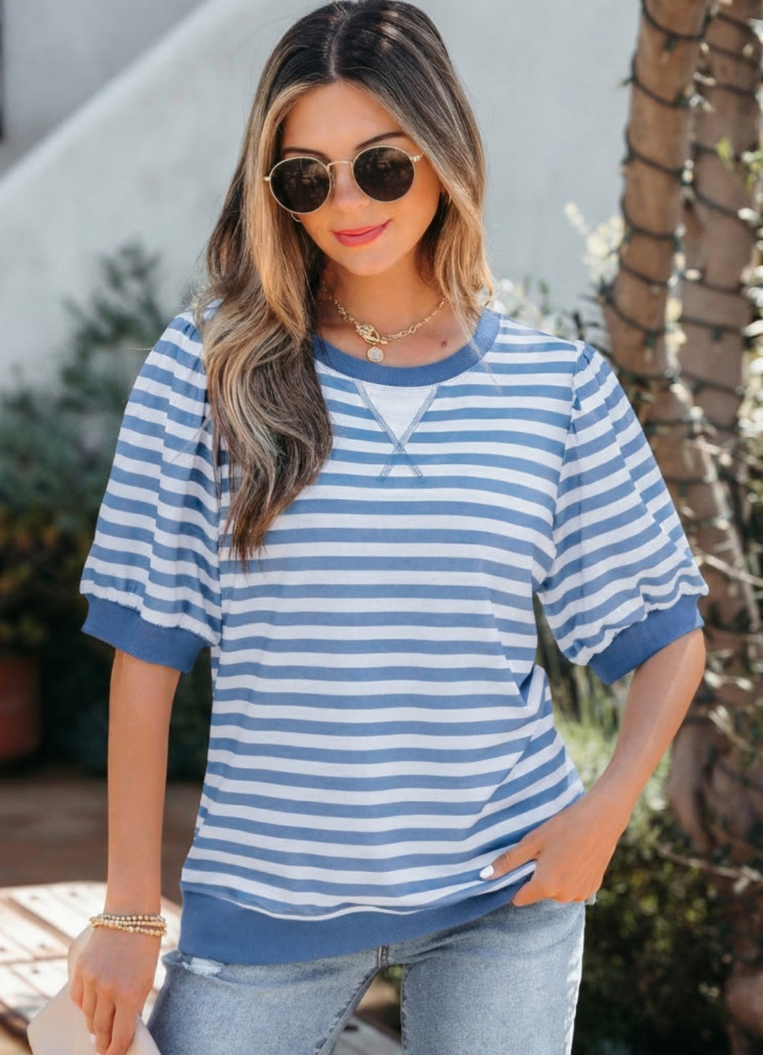 Blue Stripe Puff Sleeve Top *PREORDER*