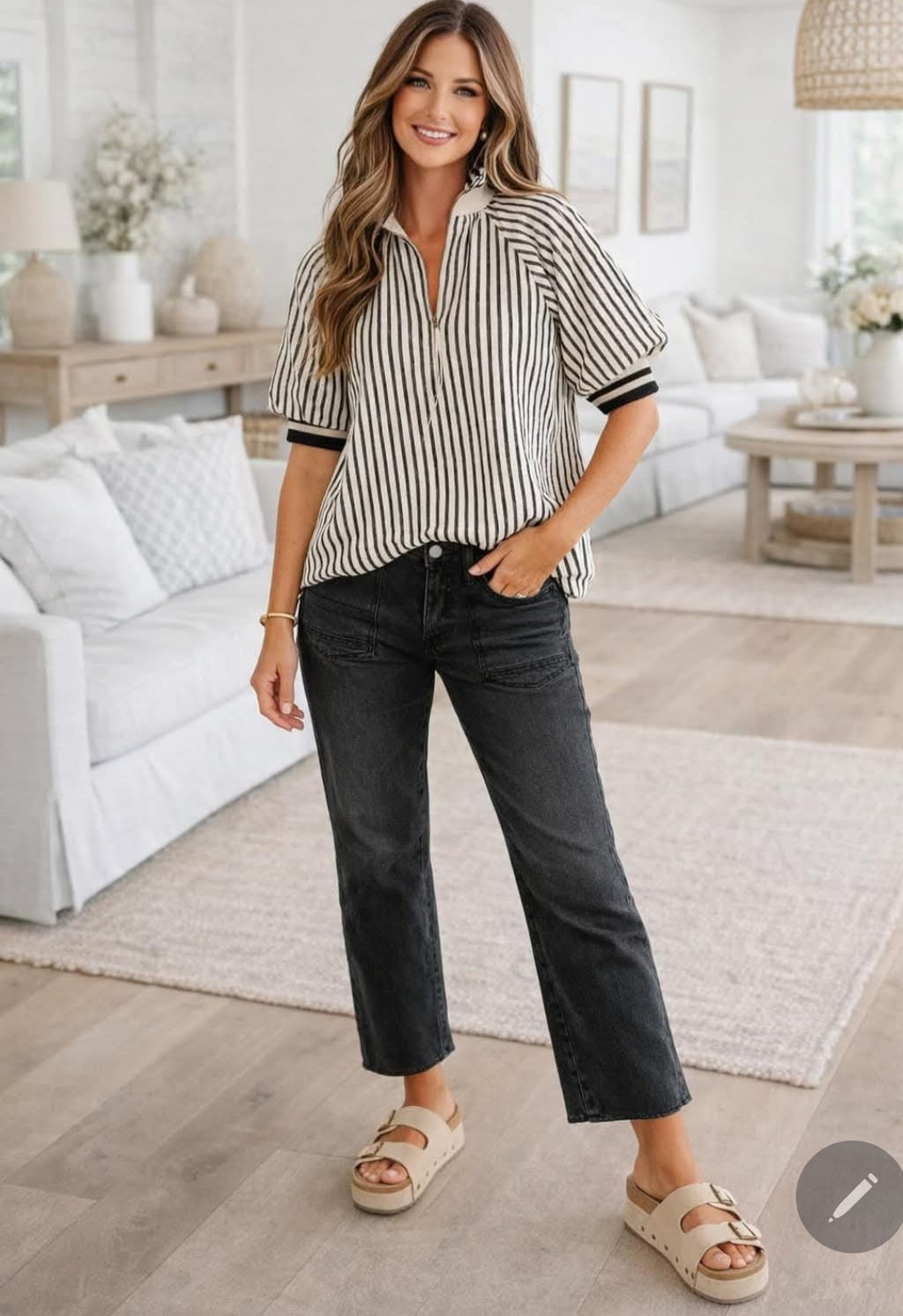 Poly Seersucker Striped Puff Sleeve Top *PREORDER*