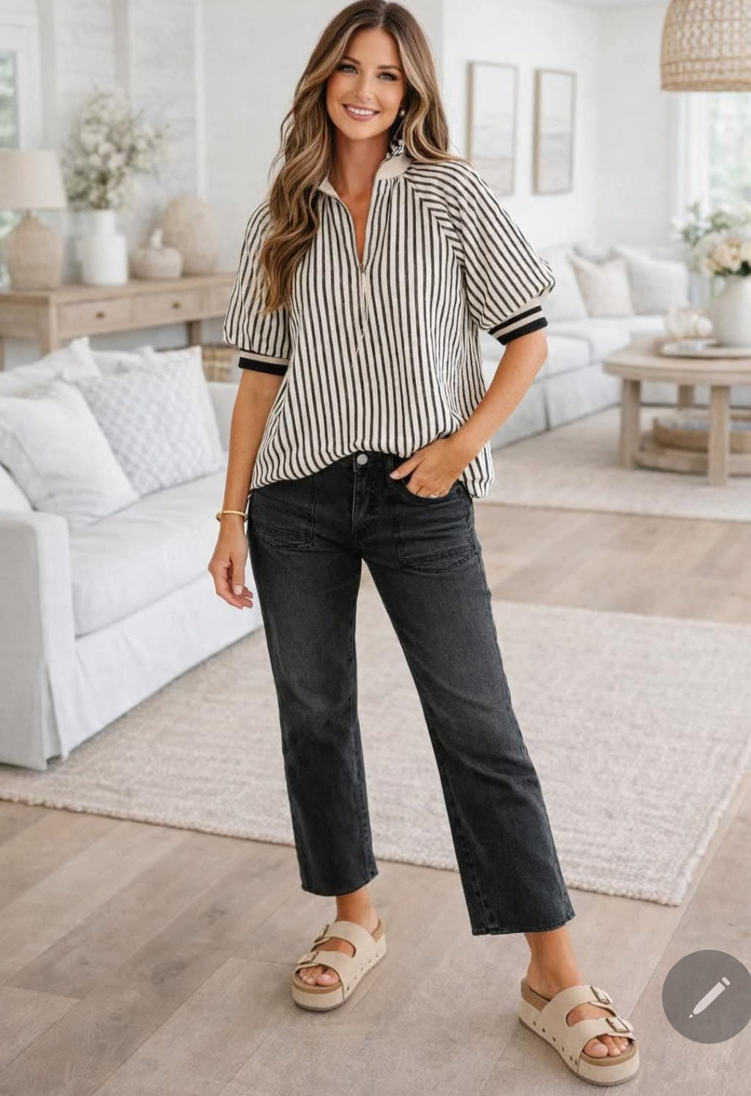 Poly Seersucker Striped Puff Sleeve Top *PREORDER*
