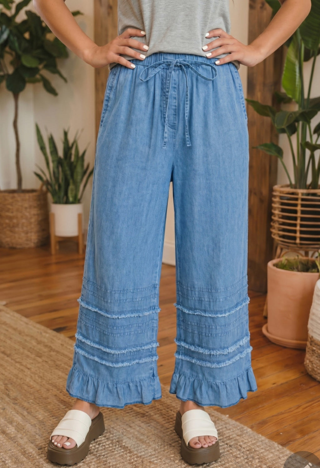 Ruffle Hem Wide Leg Chambray Pants *PREORDER*