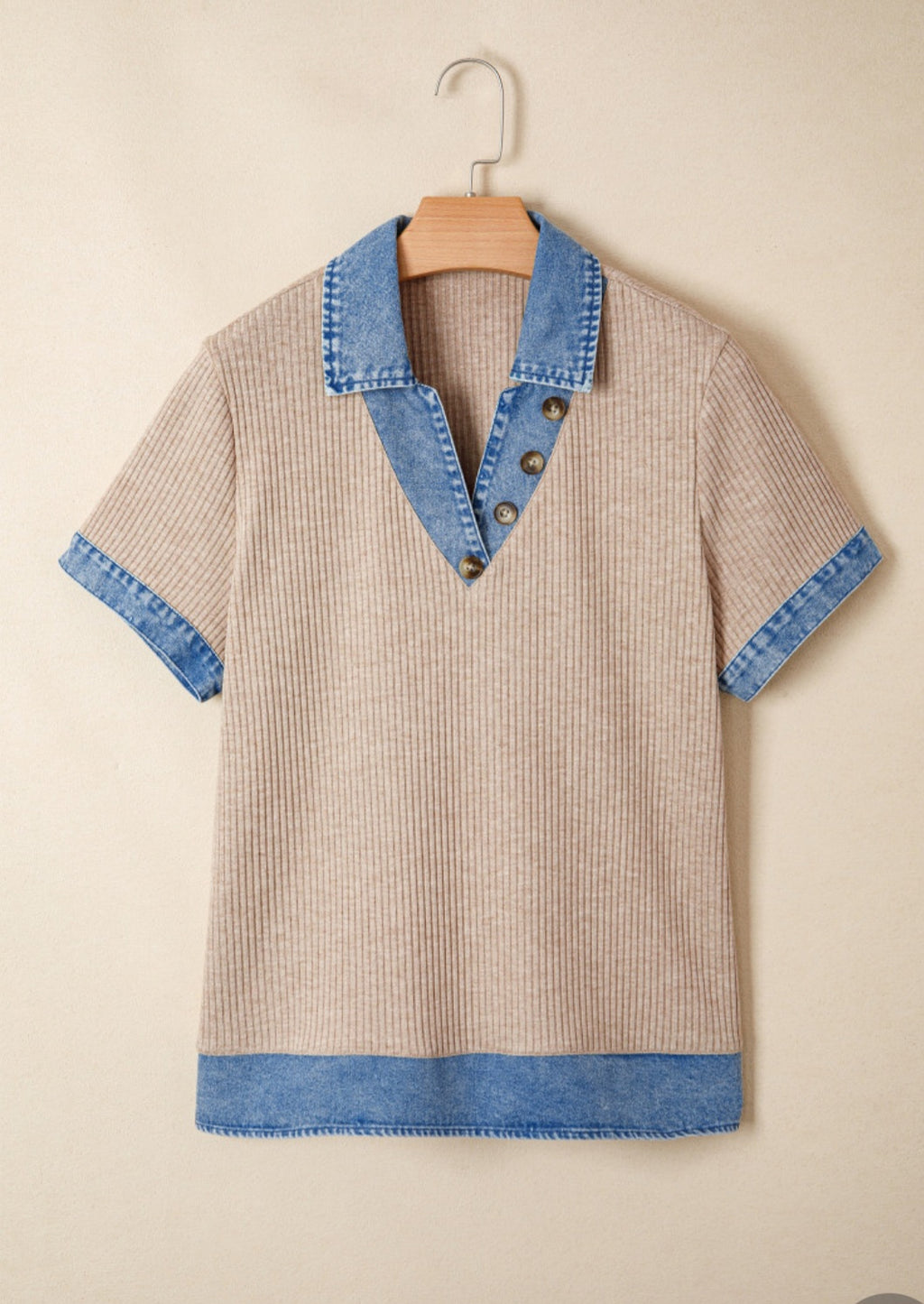 Beige Ribbed Denim Trimmed Top *PREORDER*