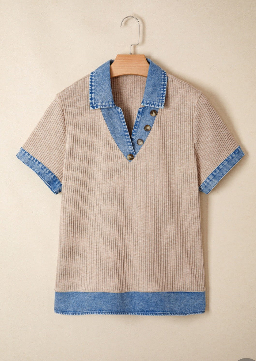 Beige Ribbed Denim Trimmed Top *PREORDER*