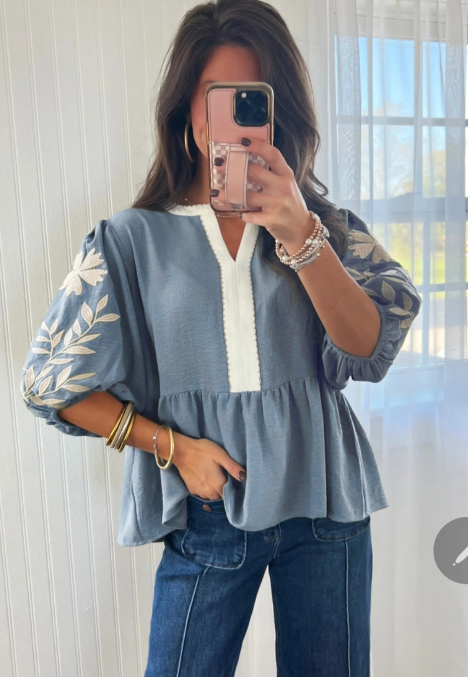 Embroidered Balloon Sleeve Blouse Blue *PREORDER*