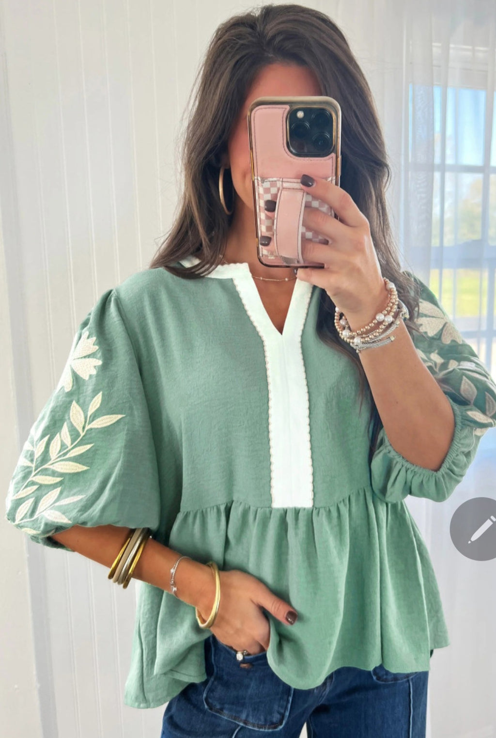 Embroidered Balloon Sleeve Blouse Green *PREORDER*