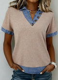 Beige Ribbed Denim Trimmed Top *PREORDER*