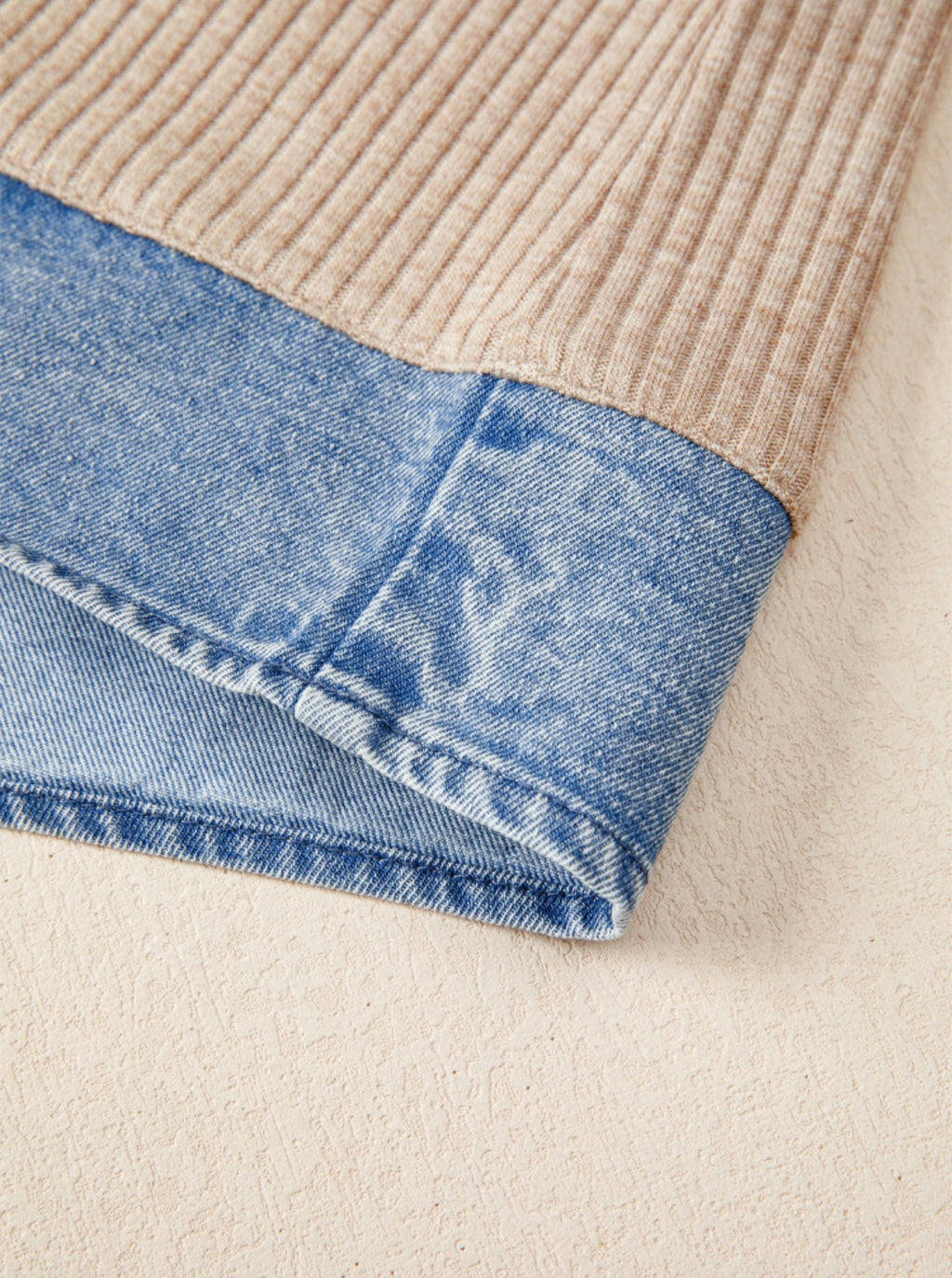 Beige Ribbed Denim Trimmed Top *PREORDER*