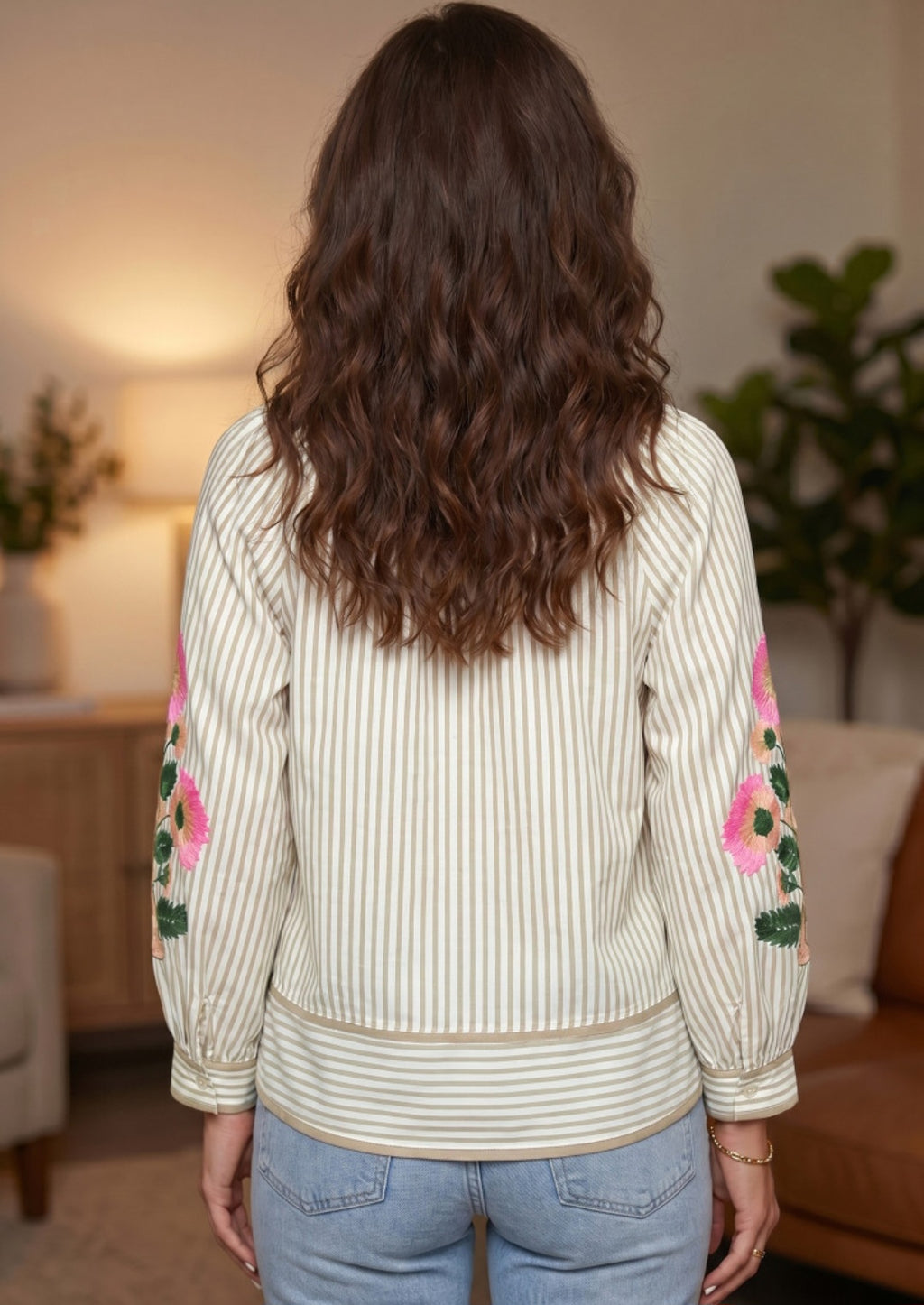 Tan Stripe Embroidered Sleeve Blouse *PREORDER*