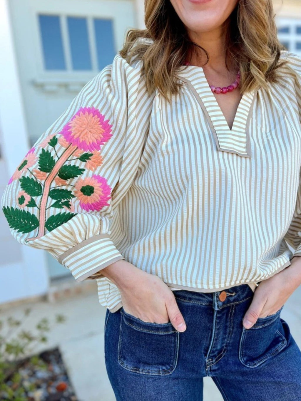 Tan Stripe Embroidered Sleeve Blouse *PREORDER*