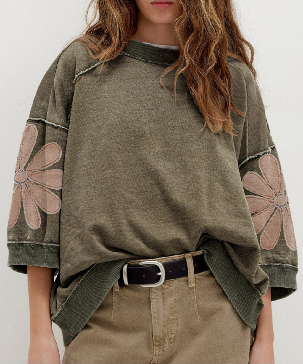 Dark Green Mineral Wash Flower Patch Top *PREORDER*