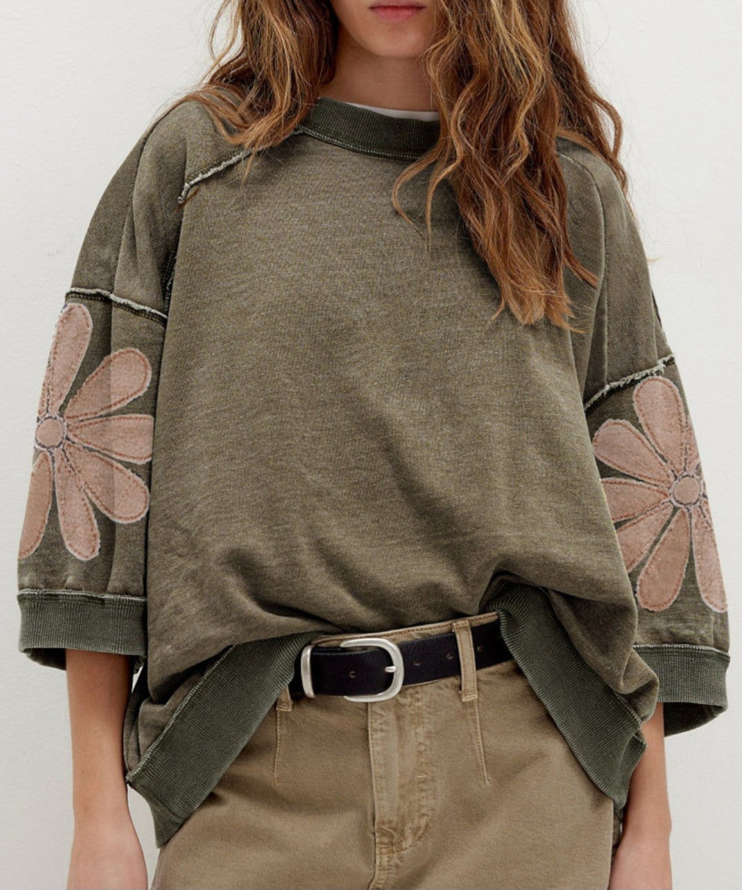 Dark Green Mineral Wash Flower Patch Top *PREORDER*