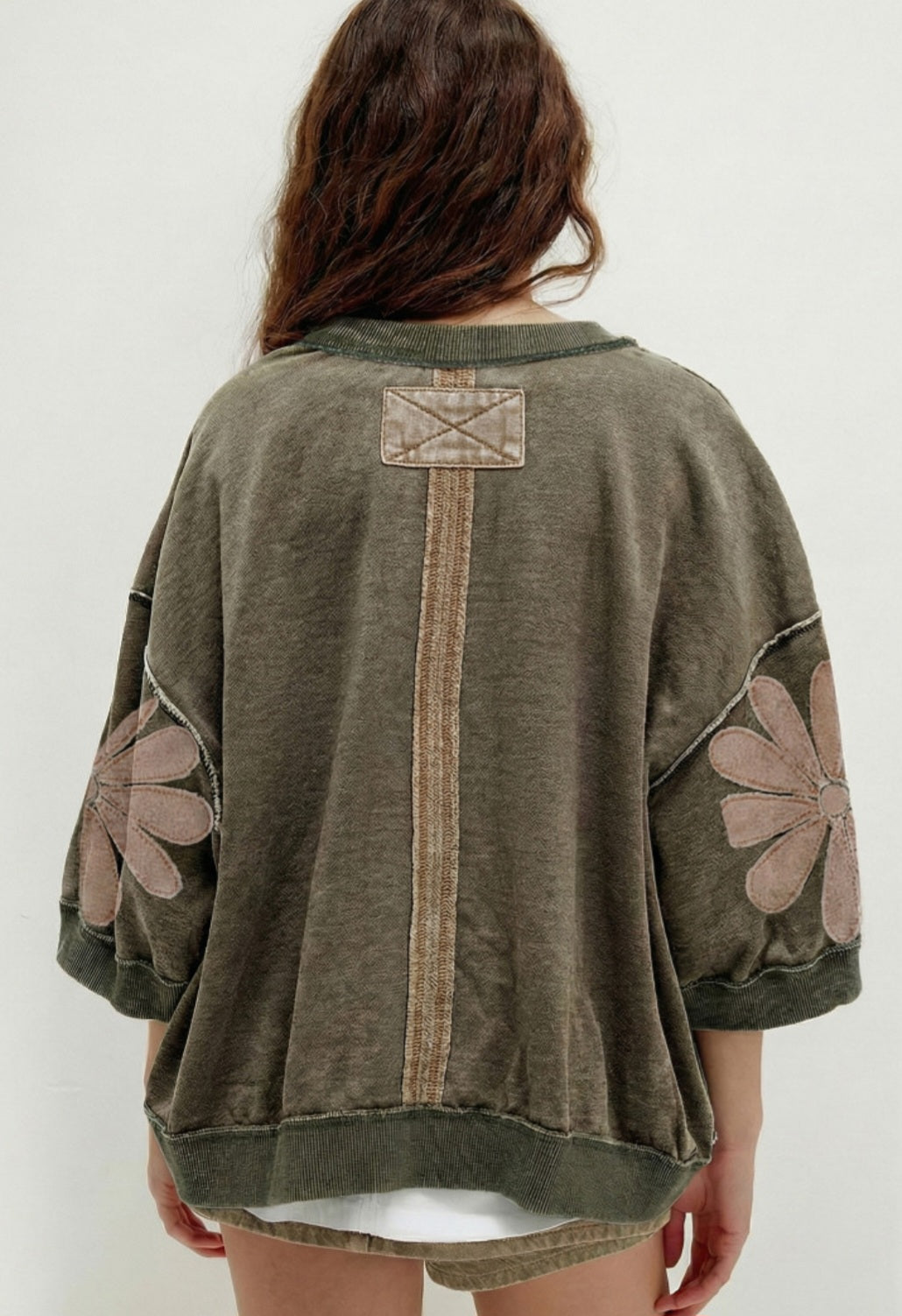 Dark Green Mineral Wash Flower Patch Top *PREORDER*