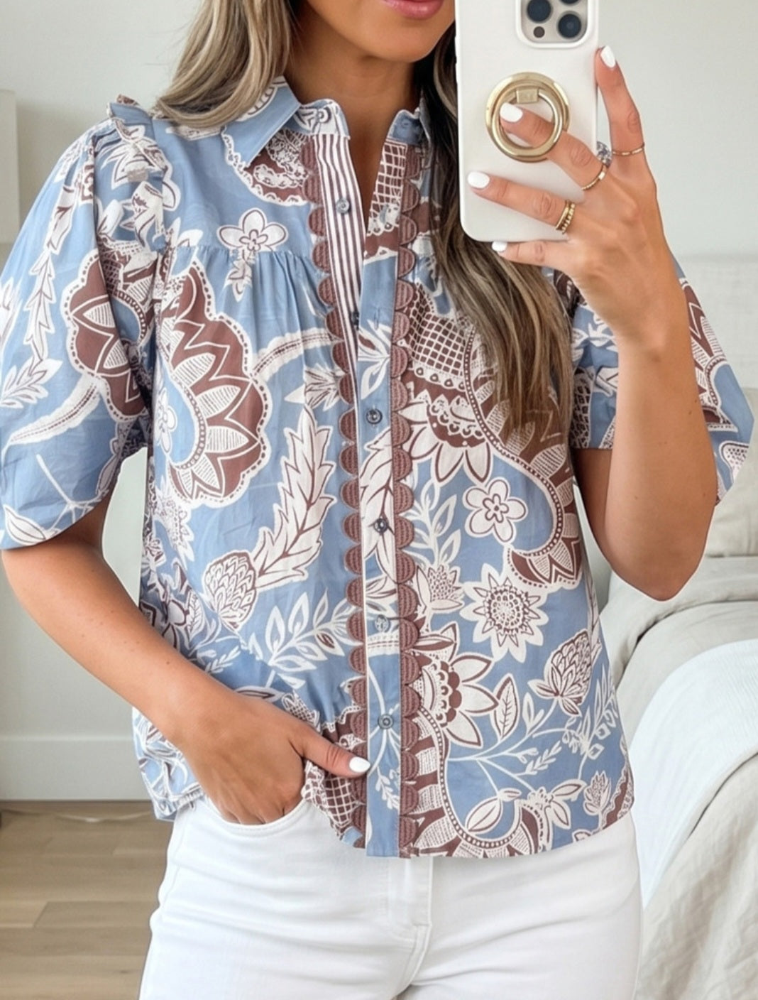 Cotton Blue/Brown Button Up Top *PREORDER*