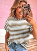 Leopard Trim Khaki Stripe Tee *PREORDER*
