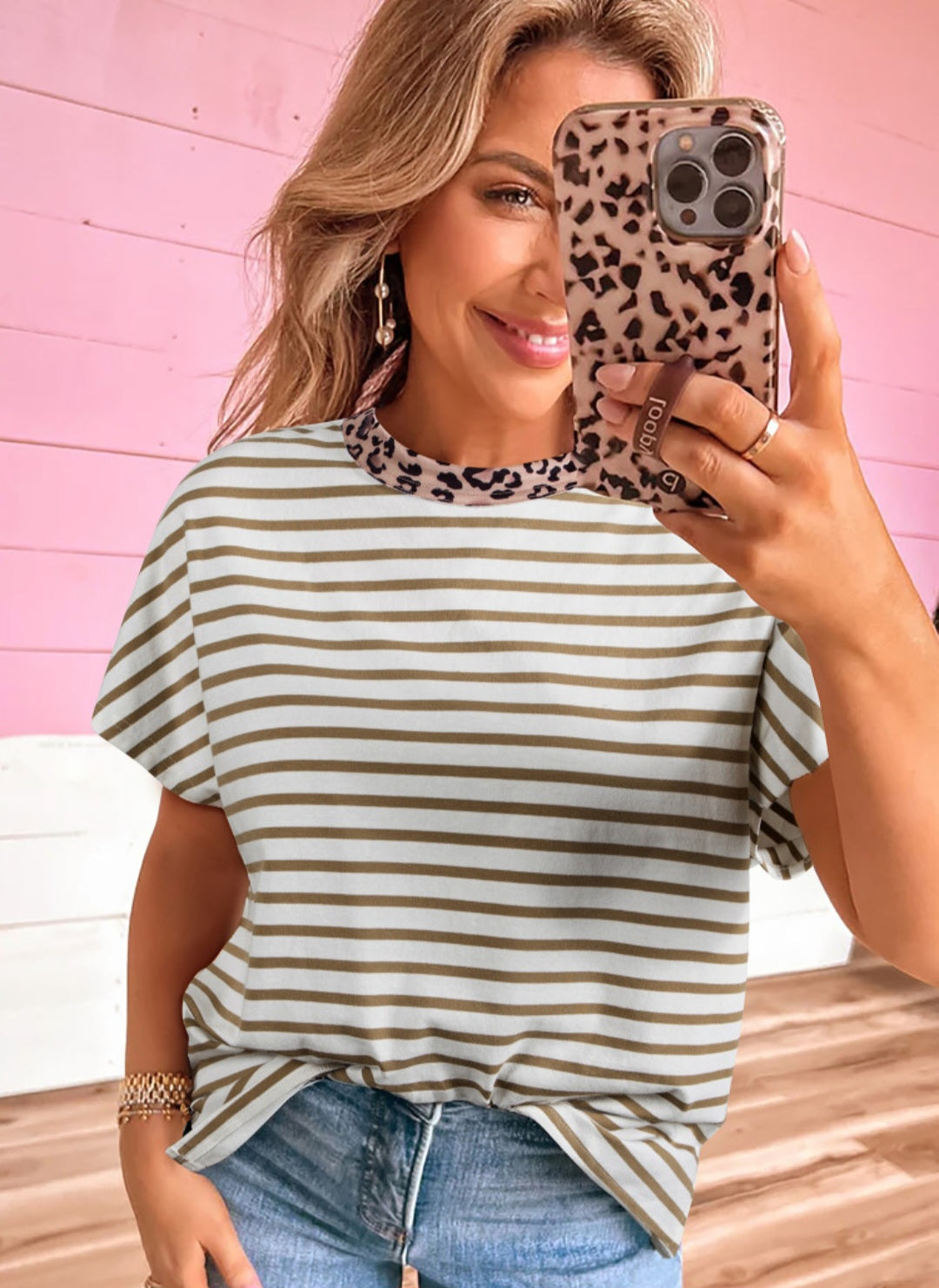 Leopard Trim Khaki Stripe Tee *PREORDER*