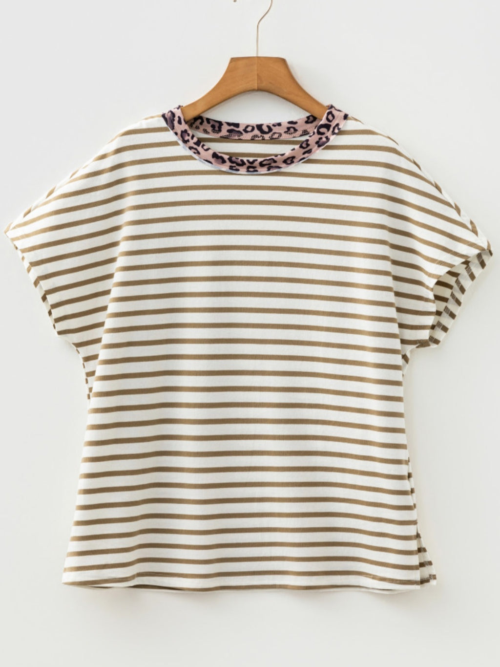 Leopard Trim Khaki Stripe Tee *PREORDER*